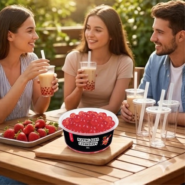 Popping Boba Truskawka 350g – spotkanie ze znajomymi przy bubble tea z truskawkowymi kulkami popping boba