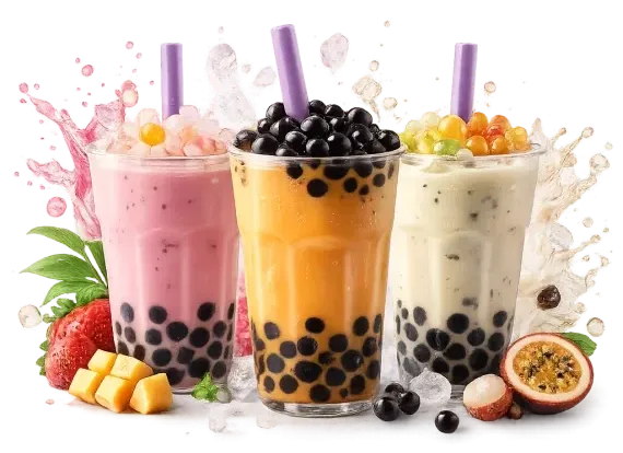 Bubble Tea BubbleJoy z popping boba i tapioką – trzy kolorowe napoje z owocami, splashami i pękającymi kulkami na białym tle