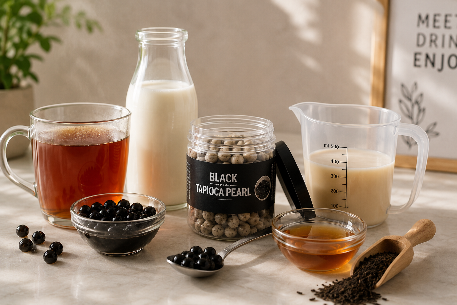 składniki bubble tea - herbata, mleko, tapioka, syrop